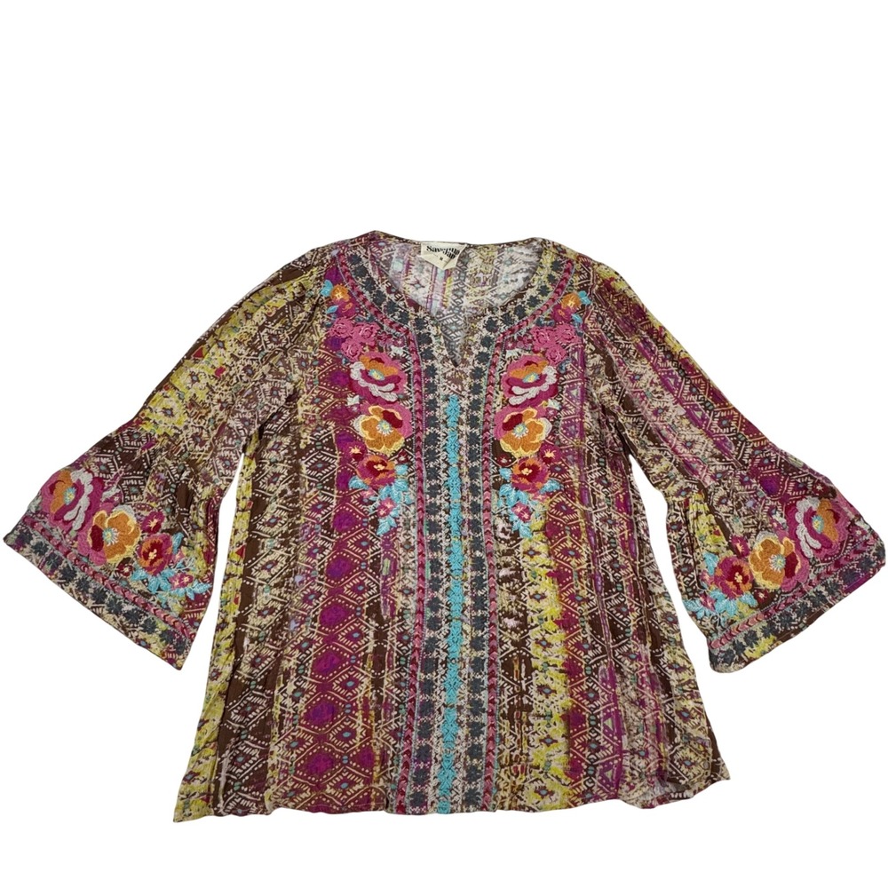 Savanna Jane Boho Floral Embroidered Tunic Top Bell Sleeve Brown M Whimsical